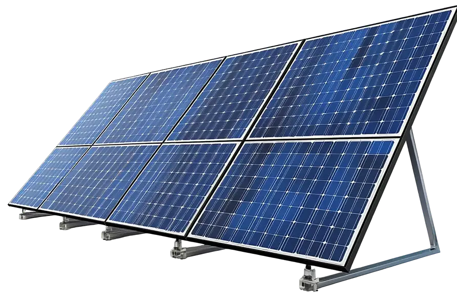 Zonnepanelen op de voorgrond met windturbines erachter tegen een zwarte achtergrond, symbool voor duurzame energie en duurzaamheid.