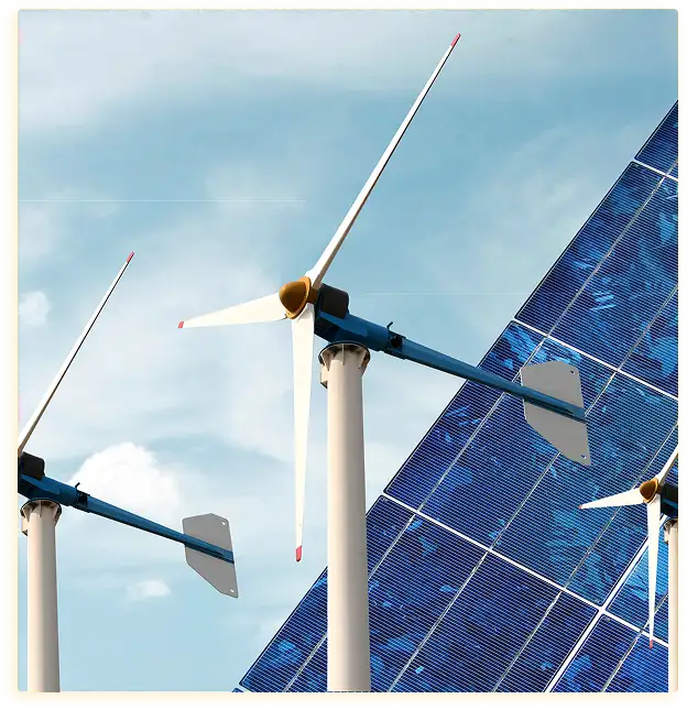 Drie windturbines voor grote zonnepanelen onder een blauwe lucht met wolken, symbool voor duurzame energie en duurzaamheid.