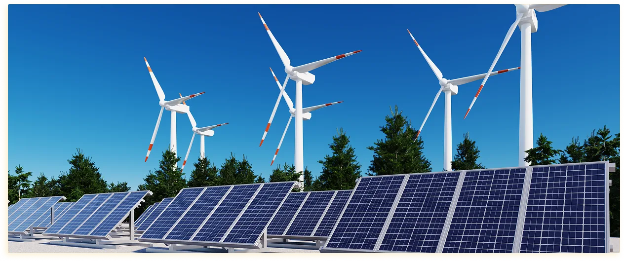 Zonnepanelen en windturbines in een veld voor duurzame energie onder een strakblauwe hemel. De scène straalt innovatie en duurzaamheid uit.