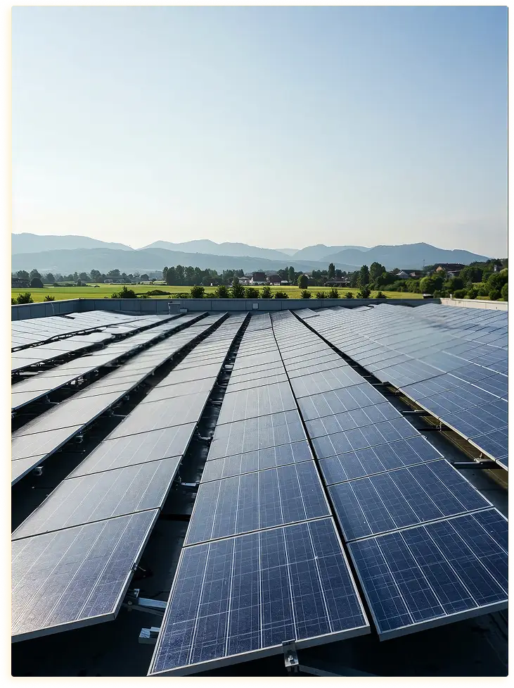 Een groot aantal zonnepanelen onder een strakblauwe hemel met bergen in de verte. Het tafereel straalt een gevoel van duurzaamheid en rust uit.